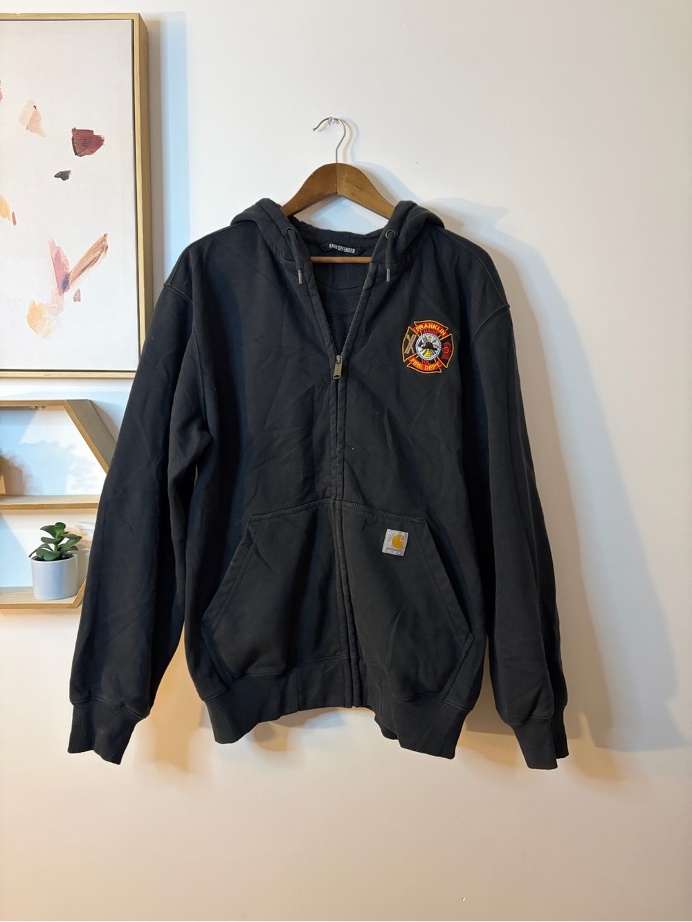 Carhartt Black Hooded Zip Jacket with Firefighter Patch large